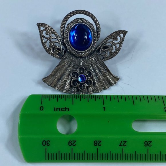 Angel Pin Brooch KC Dark Silver Tone Blue Stones Floral Accent Rhinestone Metal - Picture 12 of 12